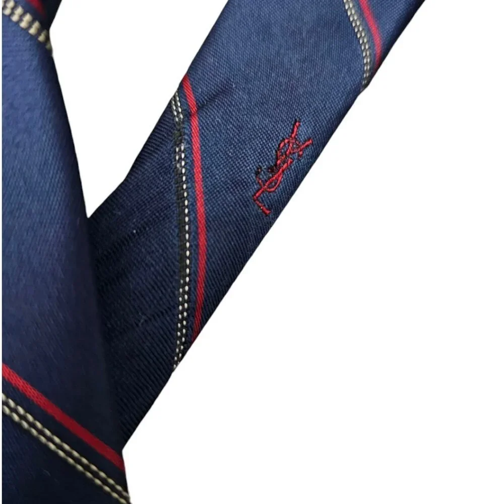 Yves Saint Laurent YSL Silk Tie Stripe Navy And Red Suit Long Necktie COA